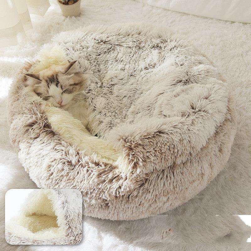 Round Half Open Warm and Soft Plush Cat Bed Hair Brown Pet Beds Plushie Depot