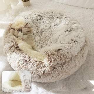 Round Half Open Warm and Soft Plush Cat Bed Hair Brown Pet Beds - Plushie Depot