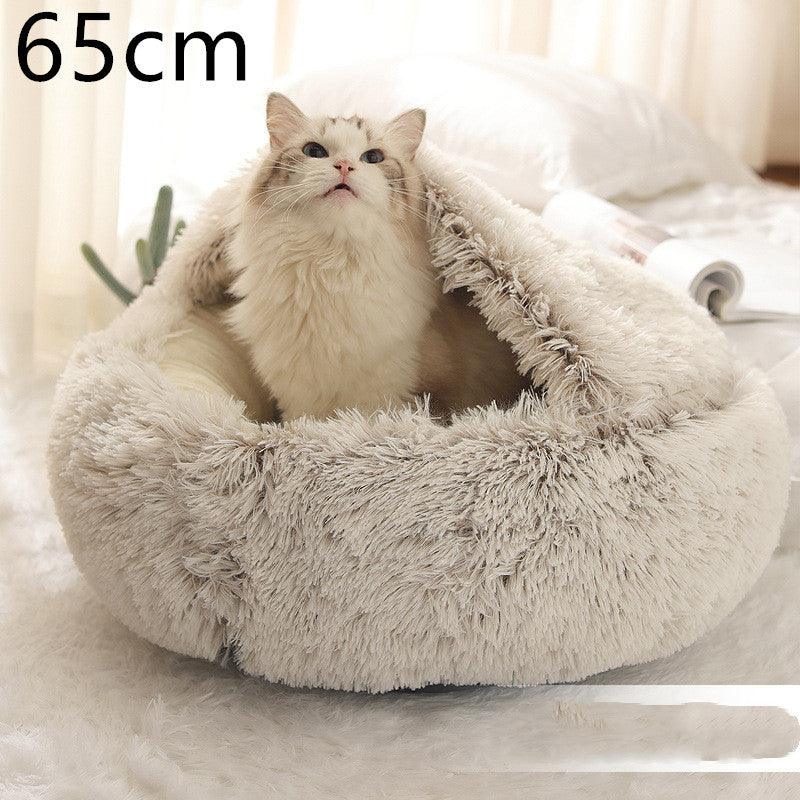 Round Half Open Warm and Soft Plush Cat Bed Brown 65cm Pet Beds Plushie Depot