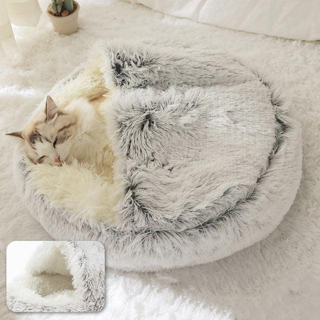 Adorable, Cozy Cave-like Cat Pet Bed Grey Long Plush Pet Beds Plushie Depot