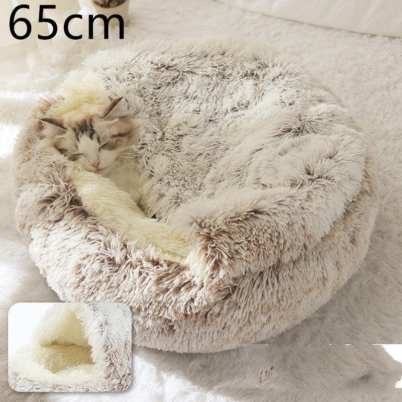 Round Half Open Warm and Soft Plush Cat Bed Hair Brown65cm Pet Beds Plushie Depot