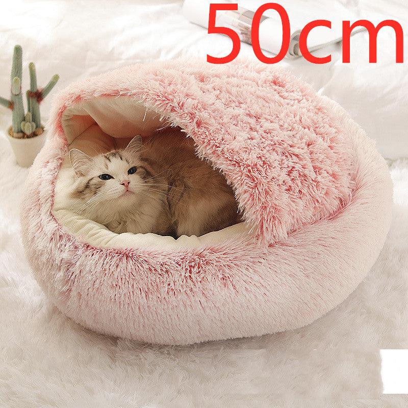 Round Half Open Warm and Soft Plush Cat Bed Pink50cm Pet Beds Plushie Depot