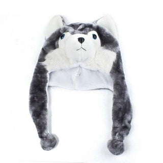 Cartoon Animal Husky Wolf Fluffy Plush Hat Cap Scarf Earmuffs Gray - Plushie Depot