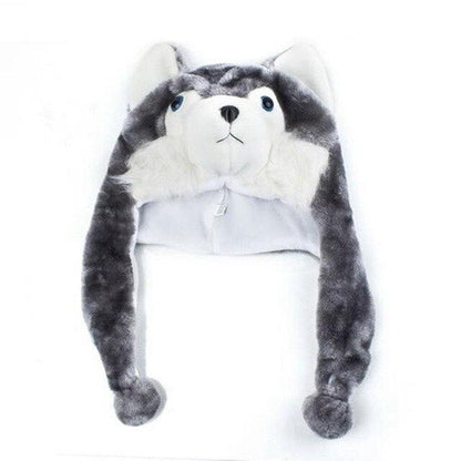 Cartoon Animal Husky Wolf Fluffy Plush Hat Cap Scarf Earmuffs Gray Plushie Depot