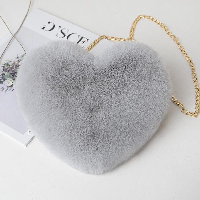 Kawaii Faux Fur Heart Shaped Bags Light gray Bags - Plushie Depot