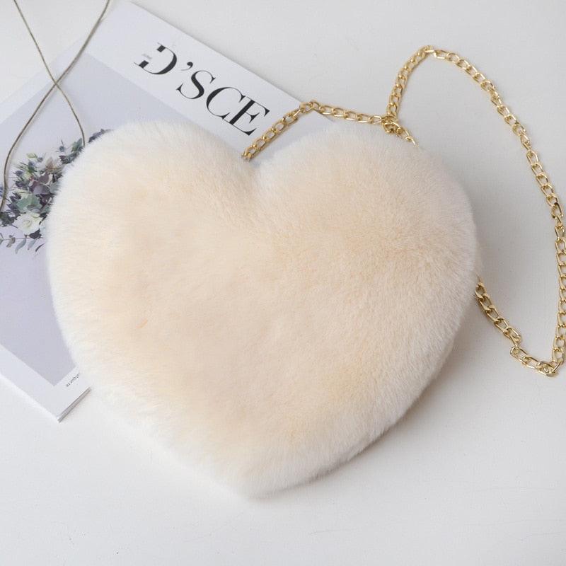 Kawaii Faux Fur Heart Shaped Bags Beige Bags - Plushie Depot