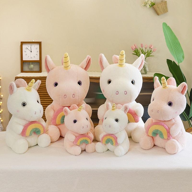 Adorable Unicorn Plushie Holding a Rainbow 15" Pink Stuffed Animals - Plushie Depot