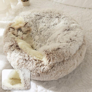 Adorable, Cozy Cave-like Cat Pet Bed Coffee Long Plush Pet Beds - Plushie Depot