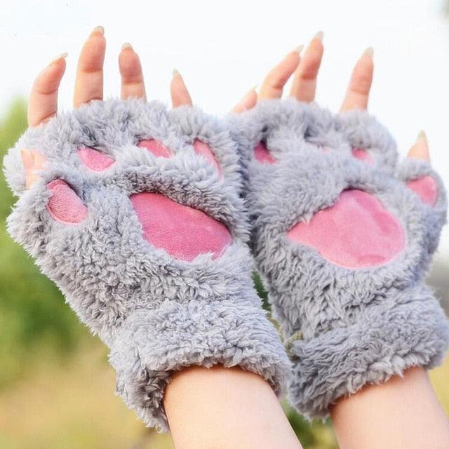 Cute Cat Claw Paw Plush Mittens Gray Plushie Depot