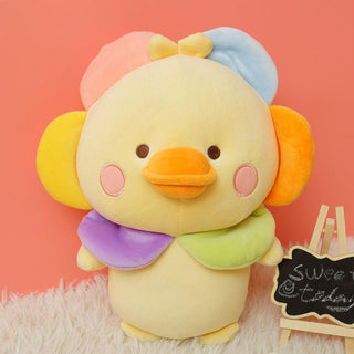 Kawaii Bear & Piggy Plush Dolls with Cute Flower Hats Duck 23cm - Plushie Depot