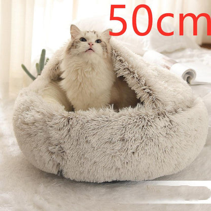 Round Half Open Warm and Soft Plush Cat Bed Brown50cm Pet Beds Plushie Depot