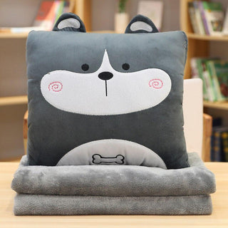 Adorable Stuffed Animal Cat, Dog & Dinosaur Plush Toy Cushion with Blanket Plushie Depot