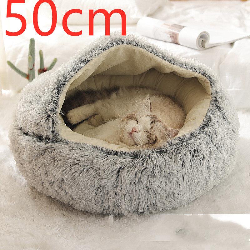 Round Half Open Warm and Soft Plush Cat Bed Grey50cm Pet Beds Plushie Depot