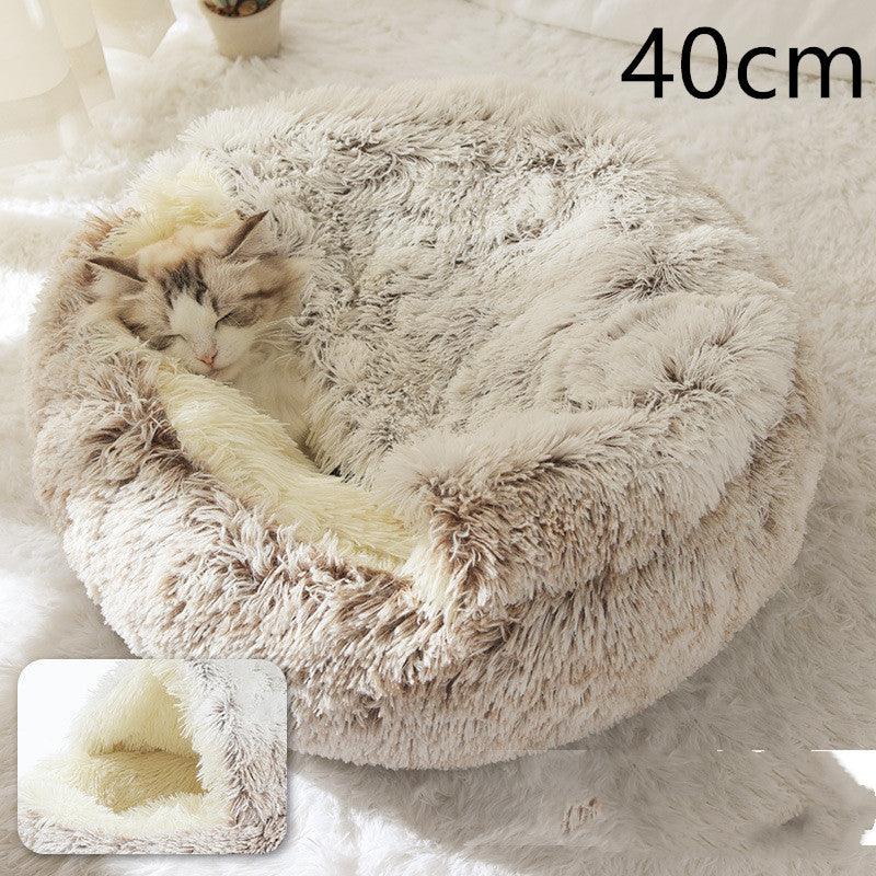 Round Half Open Warm and Soft Plush Cat Bed Hair Brown 40cm Pet Beds Plushie Depot
