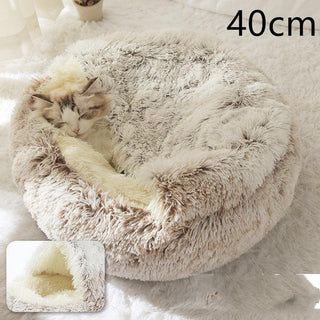 Round Half Open Warm and Soft Plush Cat Bed Hair Brown 40cm Pet Beds - Plushie Depot