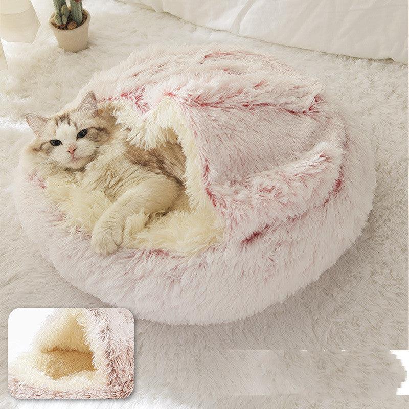 Round Half Open Warm and Soft Plush Cat Bed Pet Beds Plushie Depot