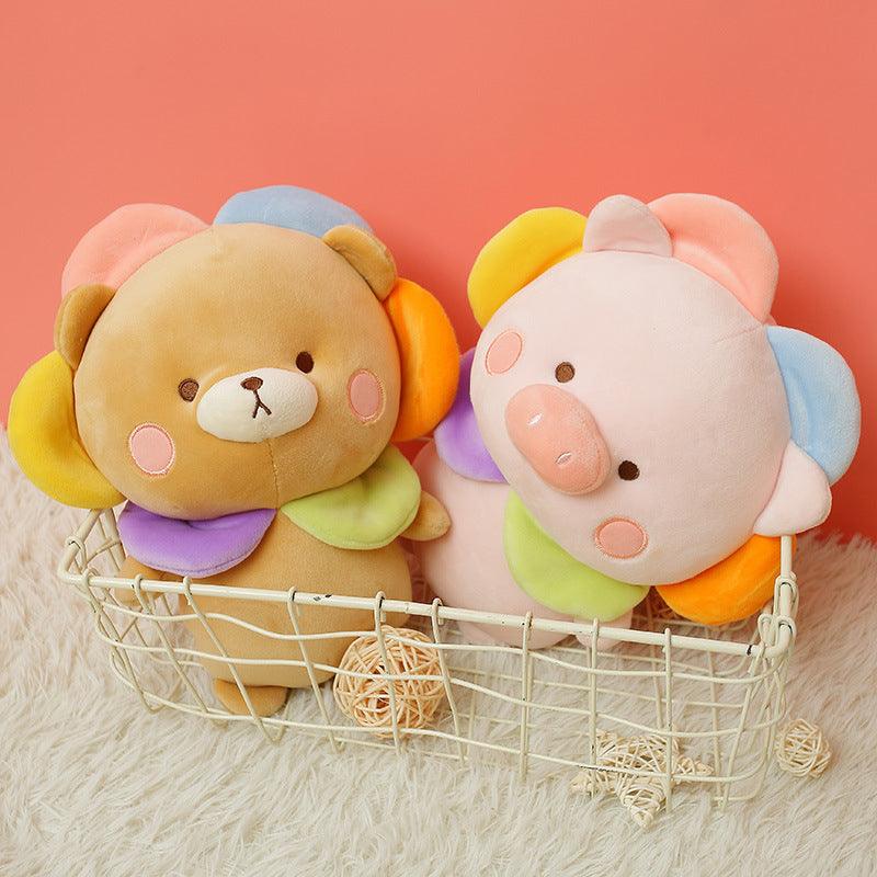 Kawaii Bear & Piggy Plush Dolls with Cute Flower Hats Plushie Depot
