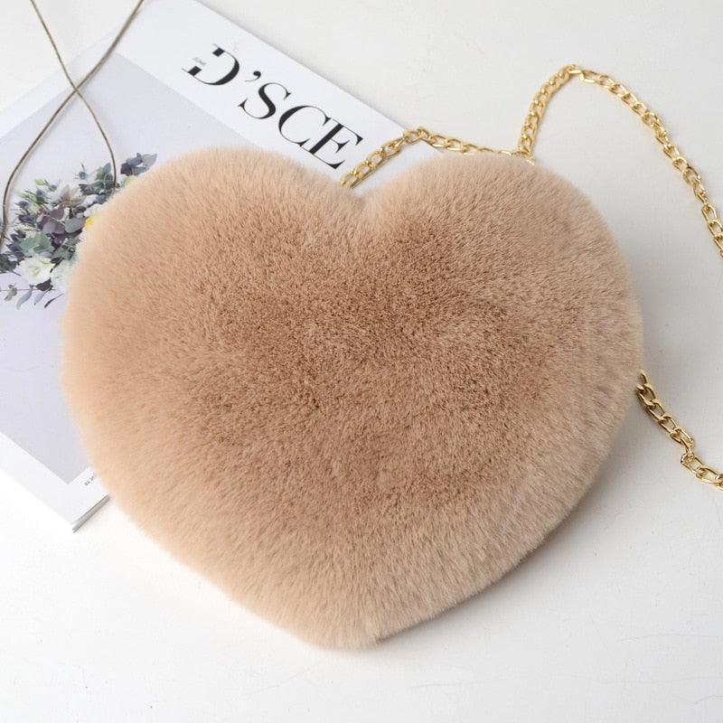 Kawaii Faux Fur Heart Shaped Bags Khaki Bags - Plushie Depot