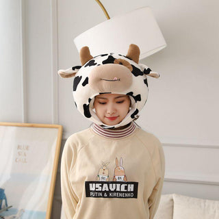 Funny Soft Spot Cow Head Plush Toy Hat, Stuffed Animal Plush Hats Plushie Depot