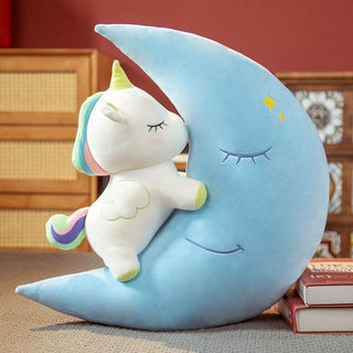 Unicorn Moon Shape Throw Pillow Plush 23'' Blue moon Plushie Depot