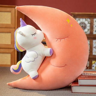Unicorn Moon Shape Throw Pillow Plush 23'' Pink Moon Plushie Depot