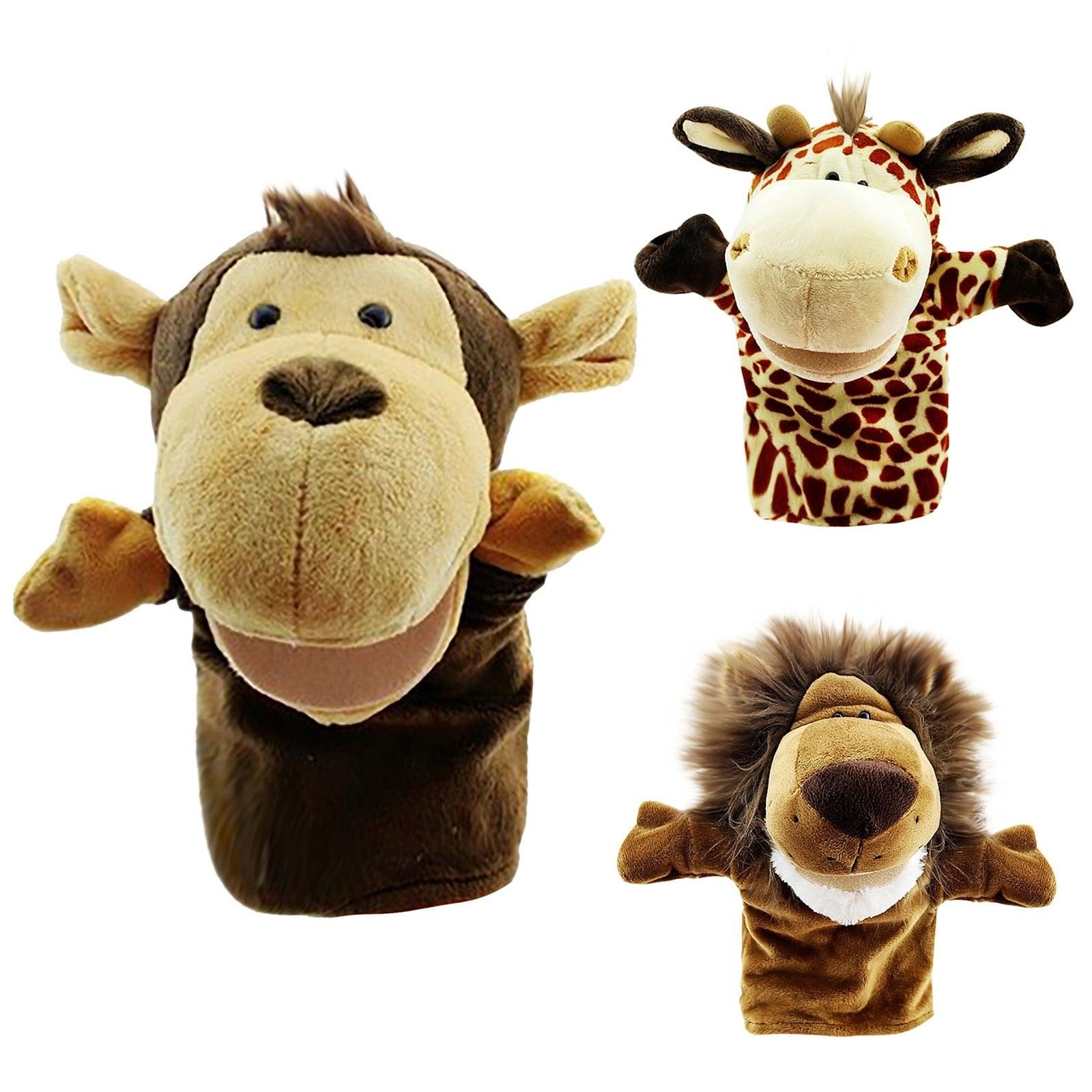 Animal Hand Puppets (Set Of 3) Giraffe Lion And Monkey (Large Movable Mouths) Hand Puppets Plushie Depot