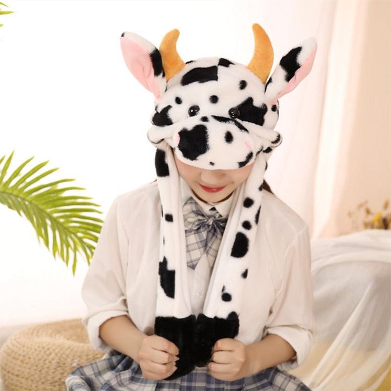 Cute Cow Animal Plush Hat with Moving Ears Winter Fluffy Stuffed Earflap Cap Hats Plushie Depot