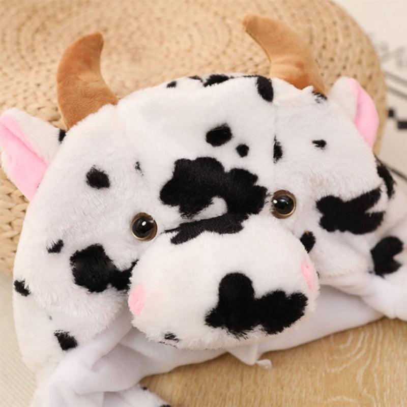 Cute Cow Animal Plush Hat with Moving Ears Winter Fluffy Stuffed Earflap Cap Hats Plushie Depot