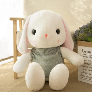 Sweater Wearing Long Eared Bunny Plushie White bunny grey - Plushie Depot
