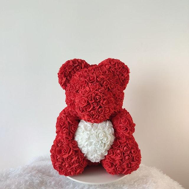 Rose Bear Valentines Day "Forever" Flower Teddy Bear Red Bear White Heart Plushie Depot