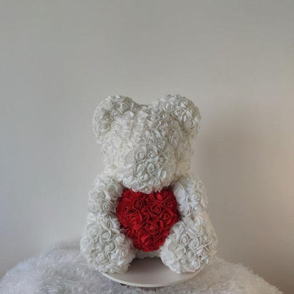 Rose Bear Valentines Day "Forever" Flower Teddy Bear White Red Heart Plushie Depot