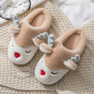 Cute Reindeer Plush Slippers Beige Slippers - Plushie Depot