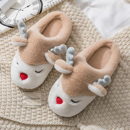 Cute Reindeer Plush Slippers Beige Slippers Plushie Depot