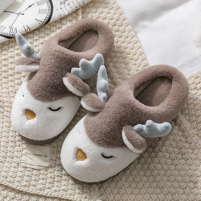 Cute Reindeer Plush Slippers Khaki Slippers Plushie Depot