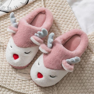 Cute Reindeer Plush Slippers Red 2 Slippers - Plushie Depot