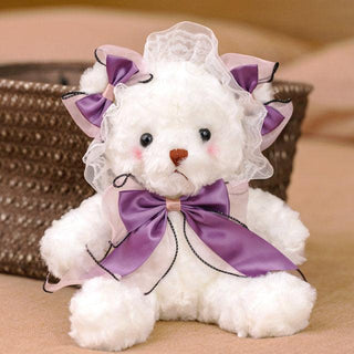White Teddy Bear Muppet Plush Toy purple black bow - Plushie Depot