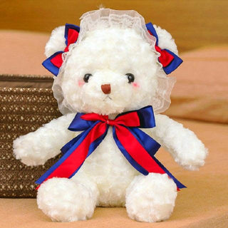 White Teddy Bear Muppet Plush Toy blue red bow - Plushie Depot