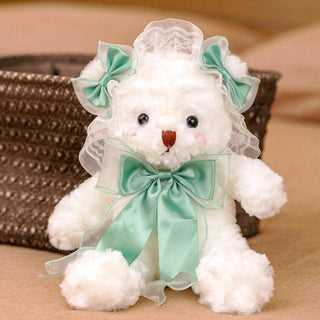White Teddy Bear Muppet Plush Toy green bow - Plushie Depot