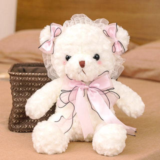 White Teddy Bear Muppet Plush Toy pink black bow - Plushie Depot