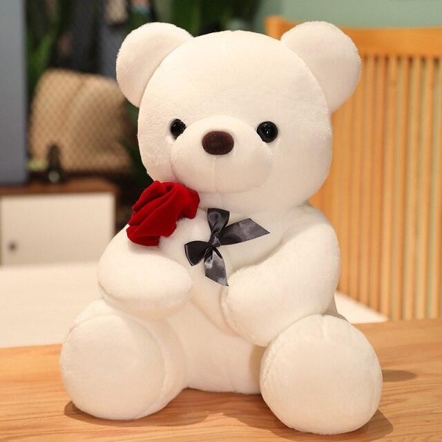 Teddy Bear With Rose Super Soft Plushie white Stuffed Animals Plushie Depot
