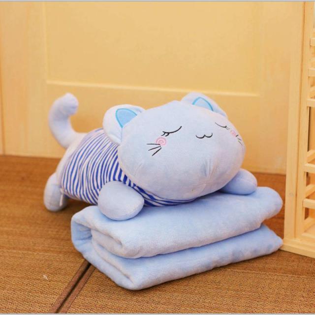 Plushie Cat Pillow With Blanket 20" blanket1x1.7m Blue Stuffed Animals - Plushie Depot