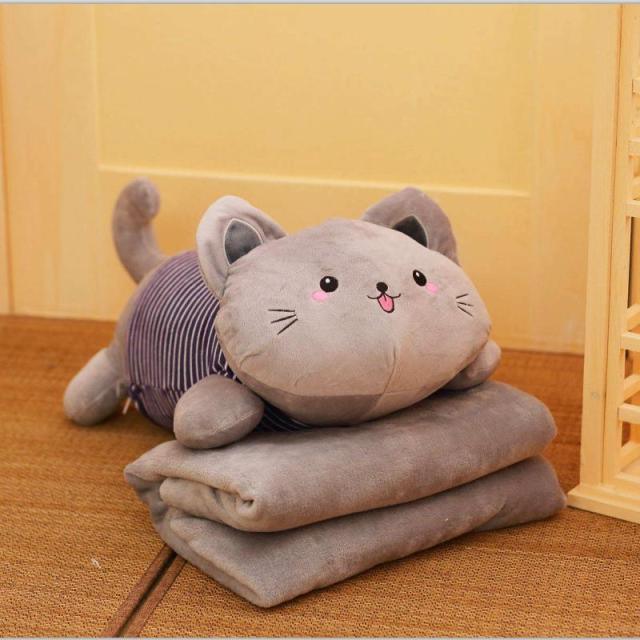 Plushie Cat Pillow With Blanket 20" blanket1x1.7m grey dot Stuffed Animals Plushie Depot
